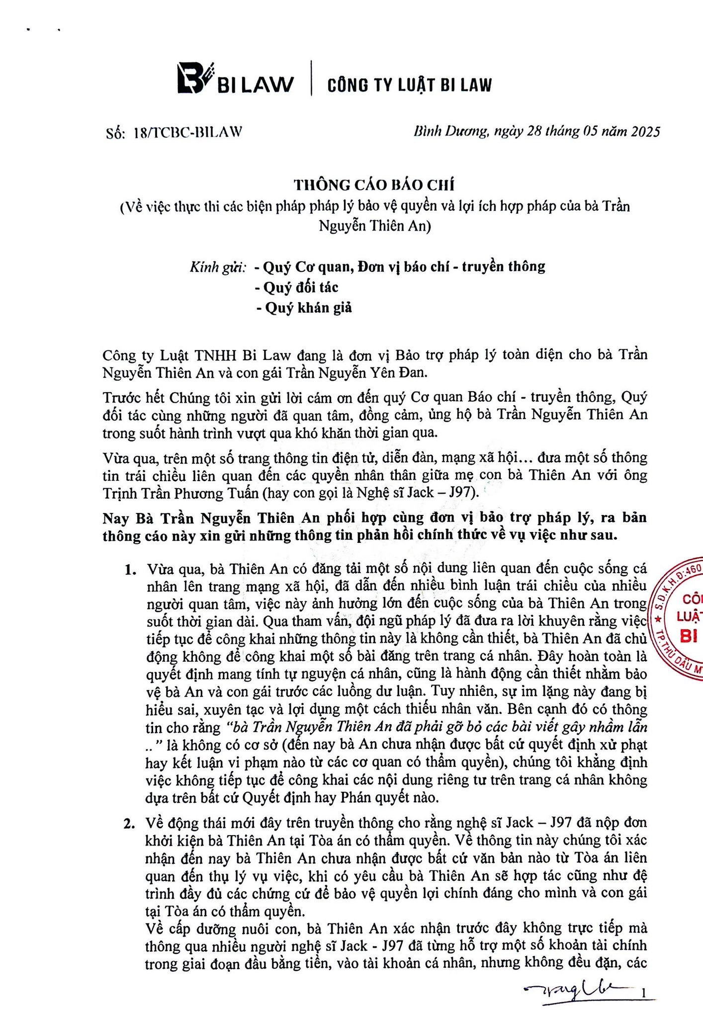 Thiên An chính thức phản hồi cáo buộc Jack, sẵn sàng nhờ pháp luật bảo vệ con