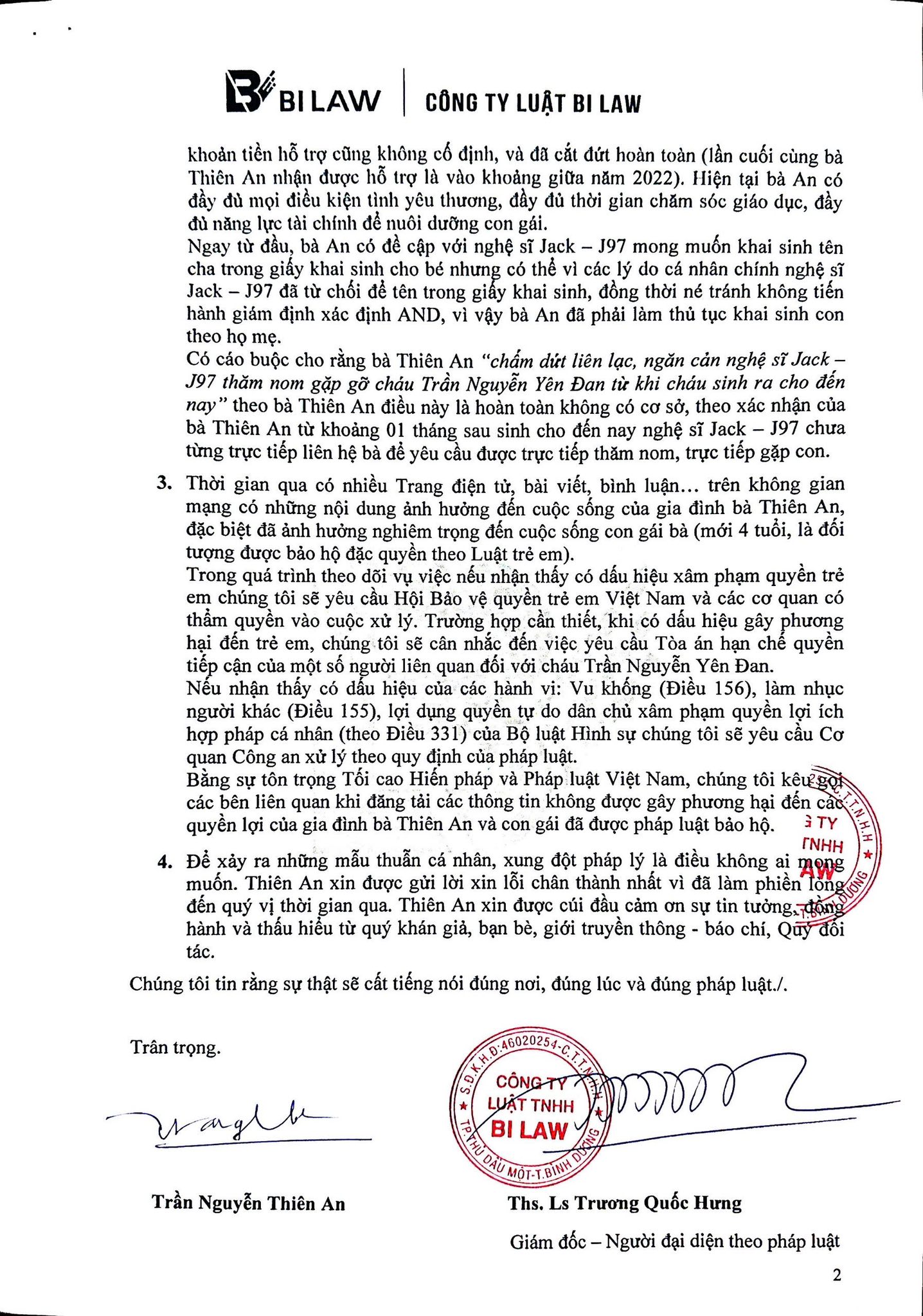 Thiên An chính thức phản hồi cáo buộc Jack, sẵn sàng nhờ pháp luật bảo vệ con